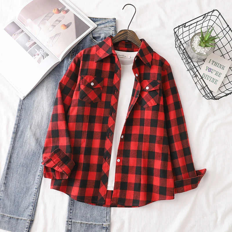 Cotton Flannel Plaid Casual Slim Fit Long Sleeve Top.  XS-3XL