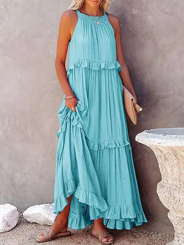 Women's Spring Summer New Collection Solid Colour Fashionable Ruffle Edge Long Dress.  S-xxL
