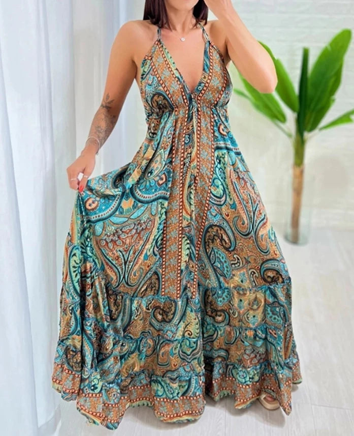 Elegant party dress women's V-neck halter strap dress high waiste A-line dress Bohemian print sexy backless casual long dress.  S-XL