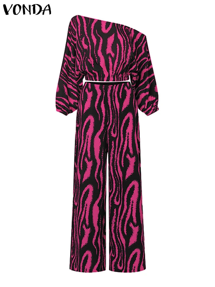 Plus Size Women Pant Set Zebra-stripe Bohemian Printed 2PCS Long Sleeve Skew Collar Top and High Waist Pants Casual Sets.  XL-5X
