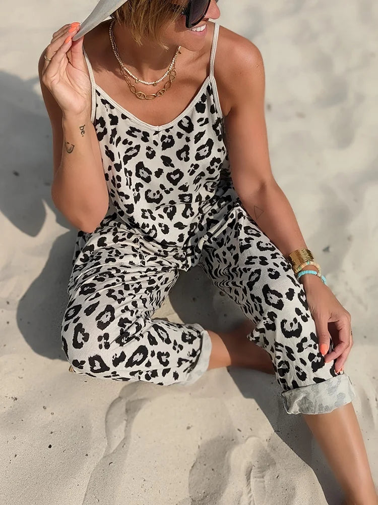 2025 Women Summer Loose Sleeveless Jumpsuits V-Neck Sling Leopard Ladies Casual Jumpsuit.  S-xl