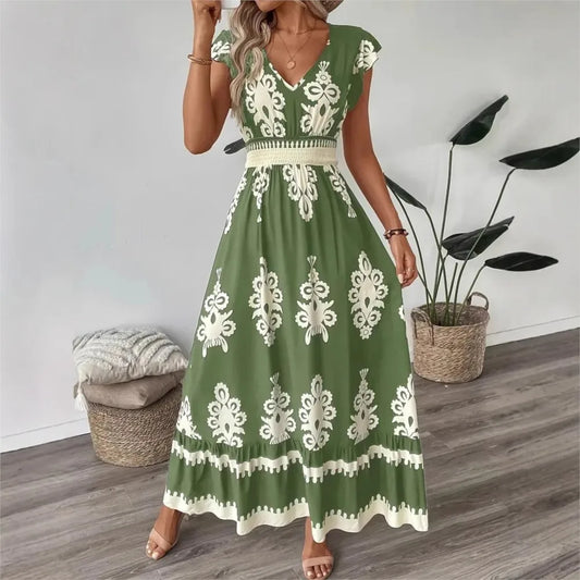 Women's Print Dress Summer Fashion High Waist Slim Body Casual V Neck Swing Elegant Ladies Long Dress.  S-XL