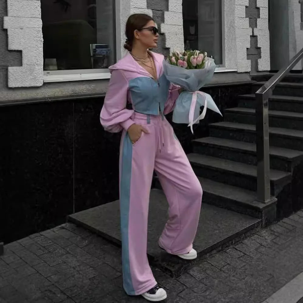 Denim Patchwork Top+pant 2 Piece Set Fashion Zipper Hoodie Wide Leg Casual suit.