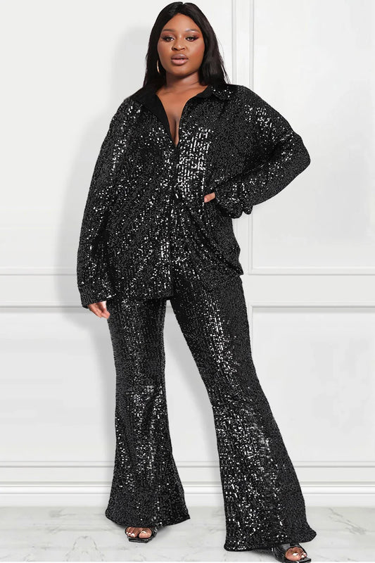 Plus Size Women Two Piece Set Sequin Flare Sleeve V-Neck Top and Wide Leg Pants Matching Set.