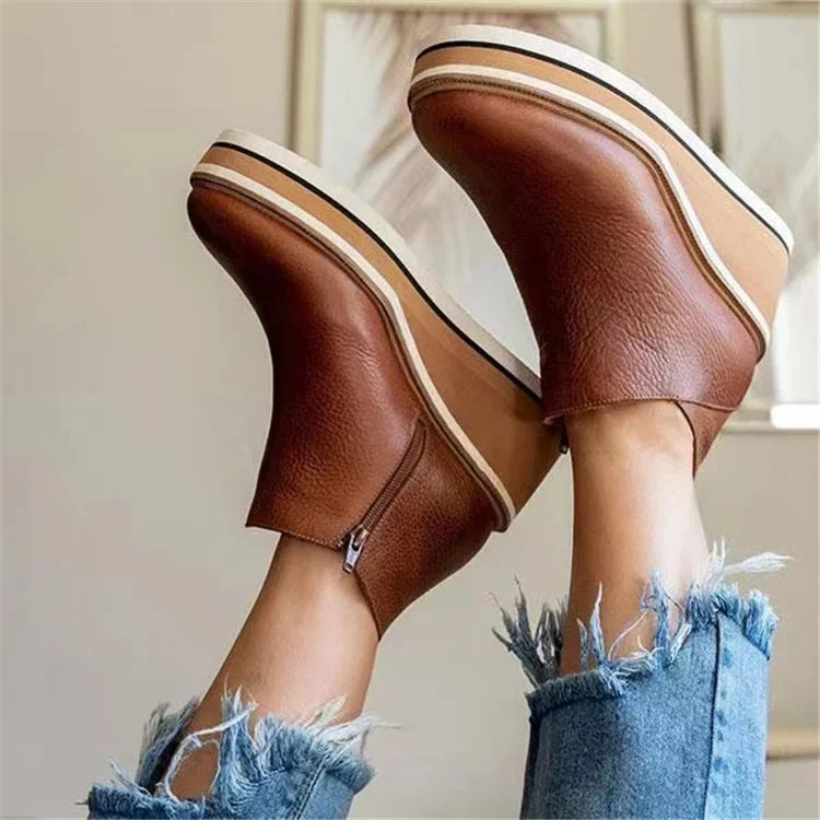 Ankle Boot Women Fashion Leather Wedge Heel Platform Boots , Botas De Mujer
