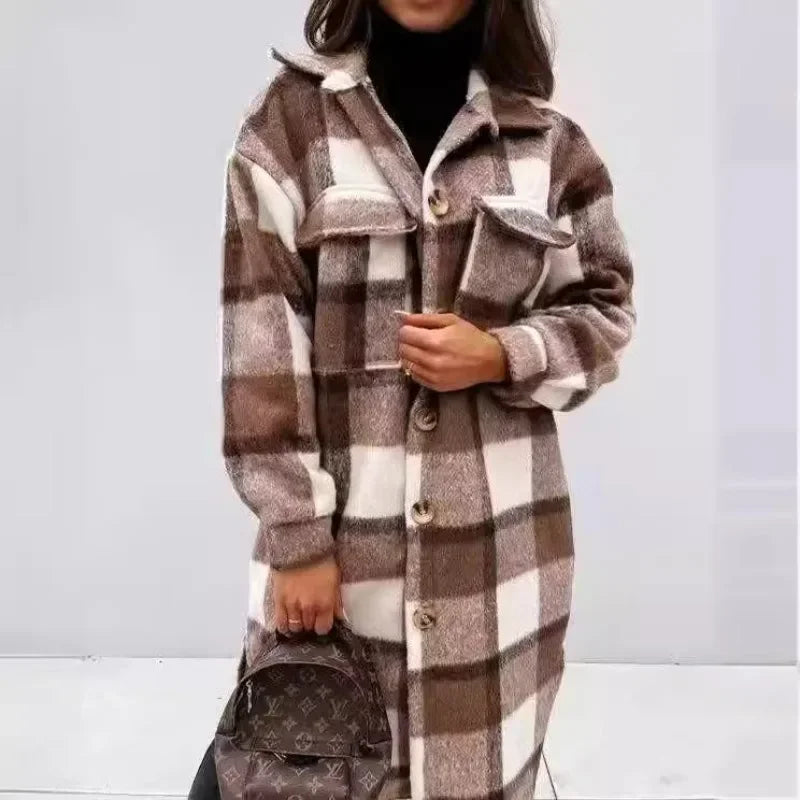 Jacket Spring and Autumn Jacket Women's Plaid Polished Long Sleeve And Pockets Outerwear.  S-2x