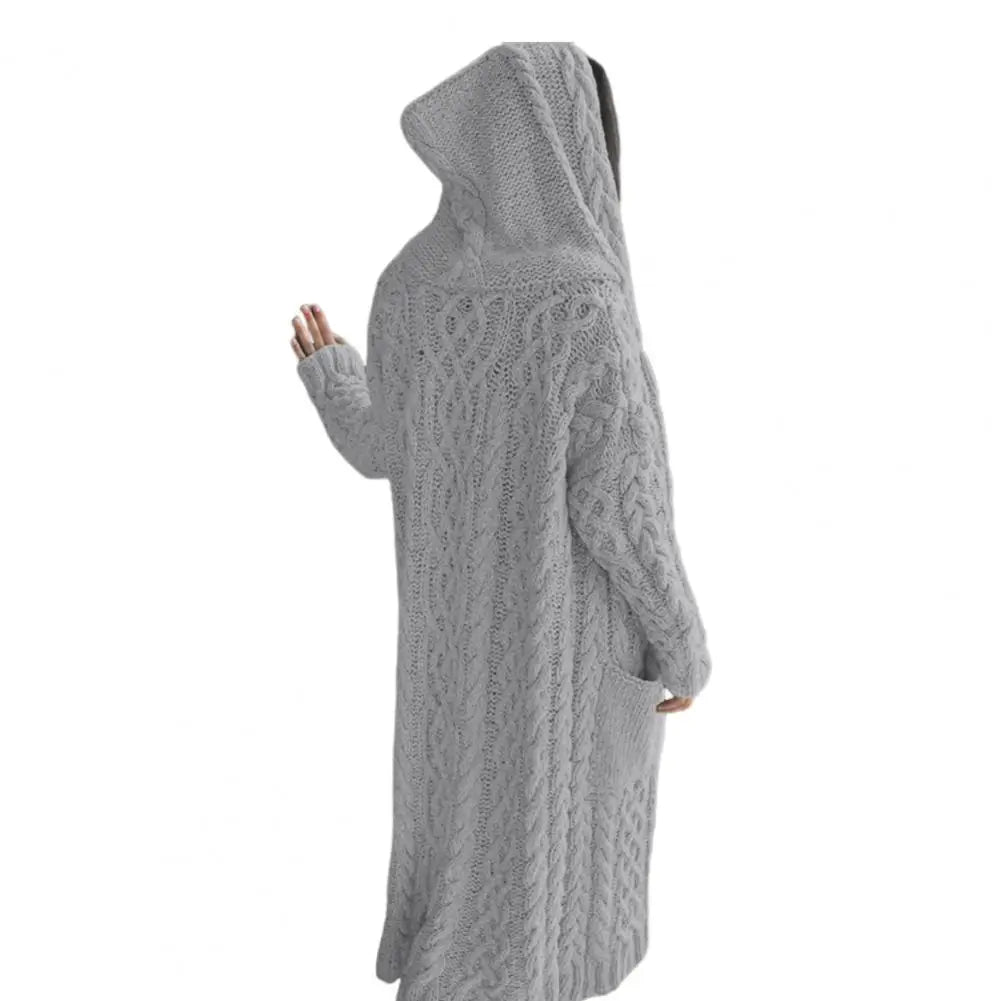 Women Sweater Jacket with Pockets Mid Length Hooded Knitted Twisted Texture Solid Colour Long Sleeve Thick Outerwear.  S-3xl