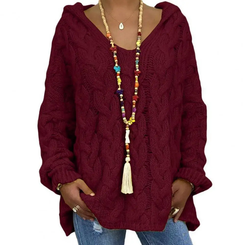 Hooded V-Neck Long Sleeves Twist Knitted Solid Colour Loose Sweater.  S-3x