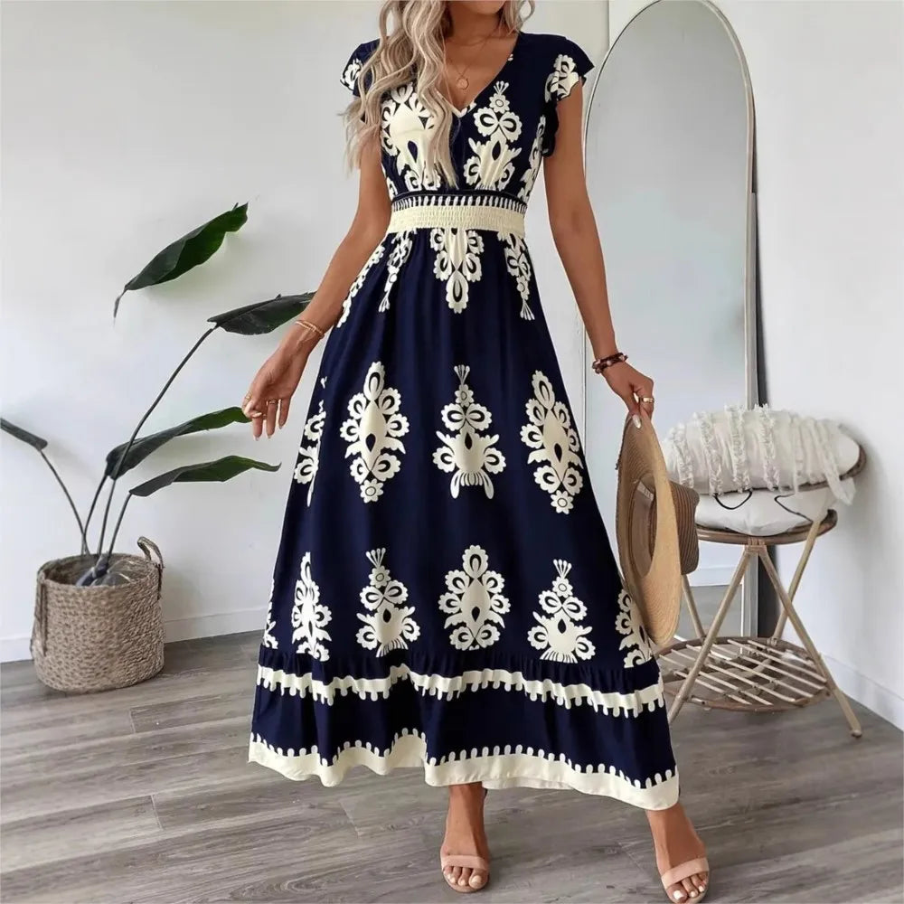 Women's Print Dress Summer Fashion High Waist Slim Body Casual V Neck Swing Elegant Ladies Long Dress.  S-XL