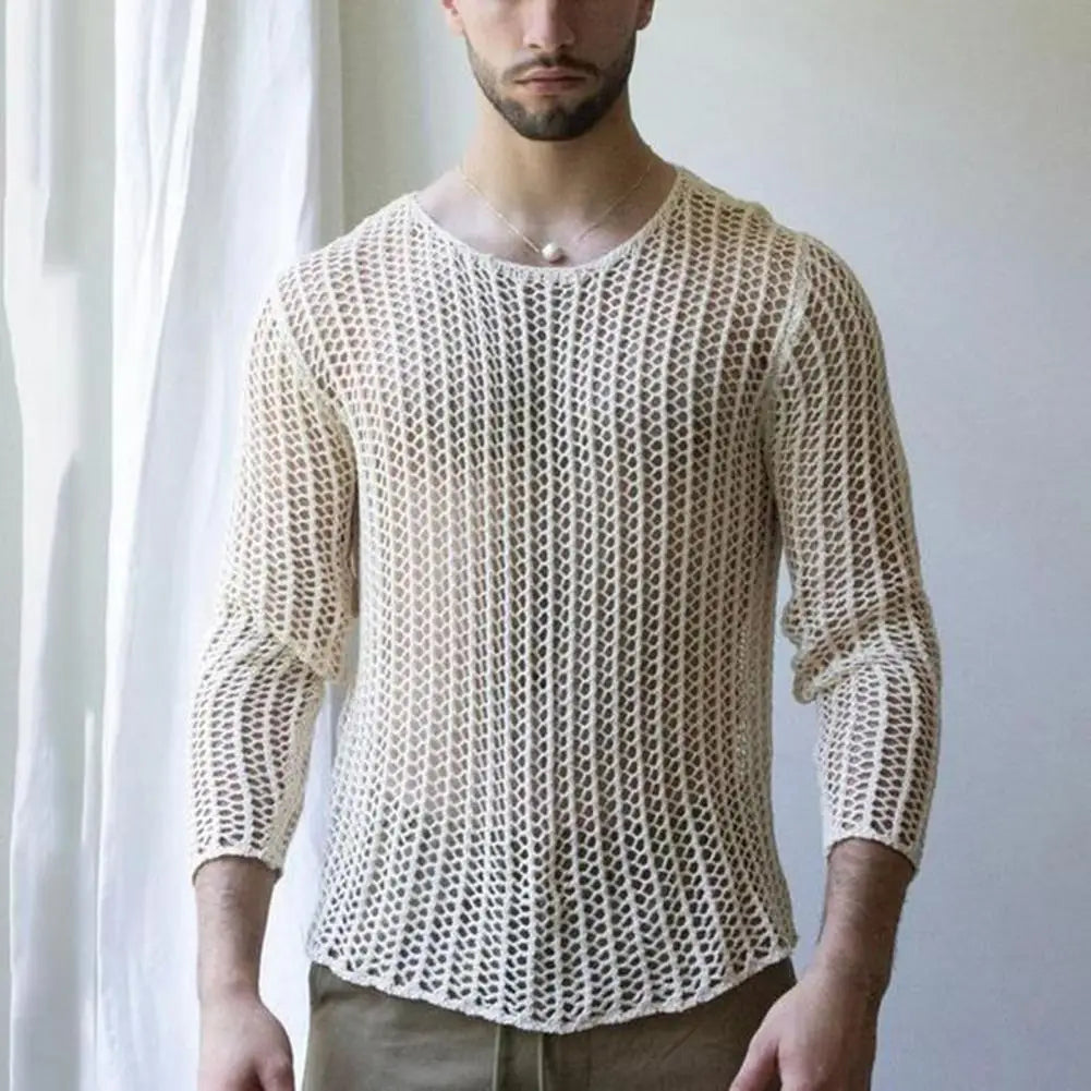 Men's Sexy Mesh Long Sleeve Round Neck Top