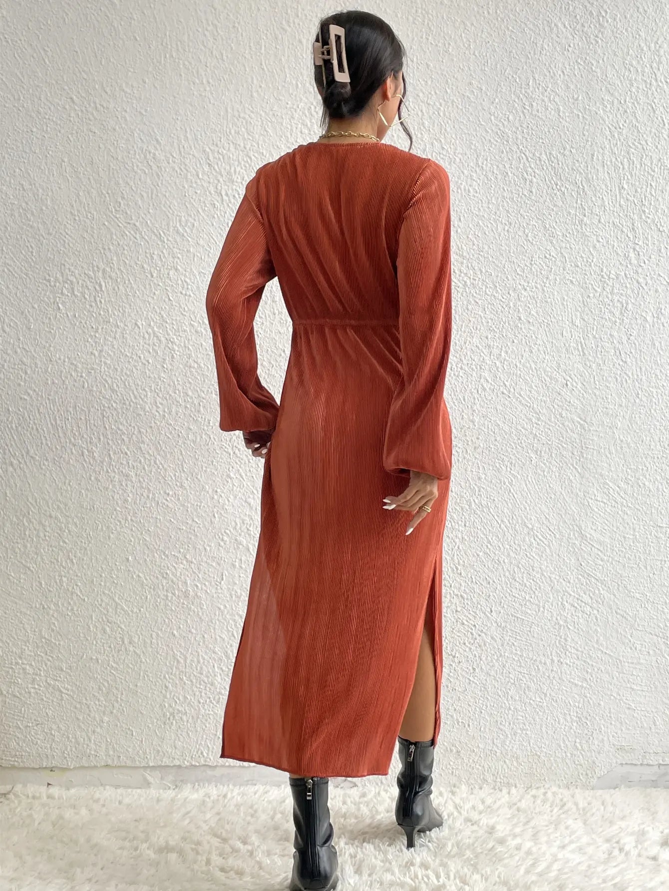 Midi Dress Long Sleeve Party Dress Front Cross Sexy Elegant .