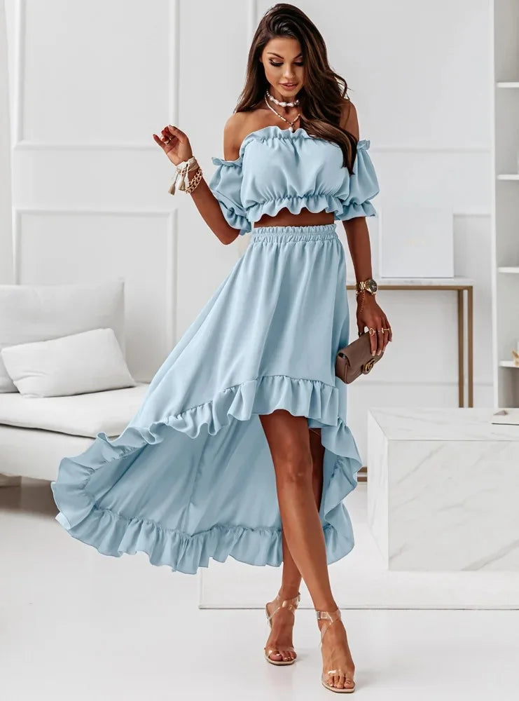 Ladies Two Piece Summer Sexy Short Sleeve Shirt And Slow Skirt Suit Solid Chic Off Shoulder, Puff Sleeve Short Top