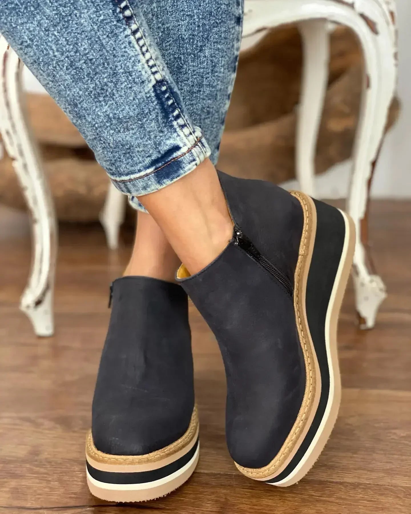 Wedges Women's Ankle Platform Booties Comfortable Zipper Leather Shoes