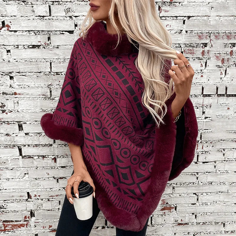 Women Poncho/ Sweater Pullover Fur Collar Cloak Irregularity Warm Thick Elegant Autumn Winter Casual Poncho