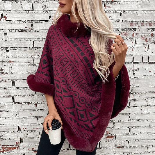 Women Poncho/ Sweater Pullover Fur Collar Cloak Irregularity Warm Thick Elegant Autumn Winter Casual Poncho