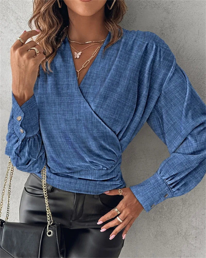Sexy V Neck Long Sleeve Summer Fashion Elegant Blouse.  S-2X
