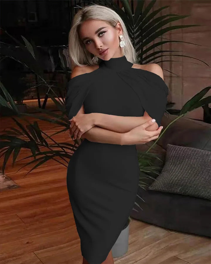 New Solid Colour Slim Midi Halter Neck Off Shoulder Elegant Party Dress.  S-3X