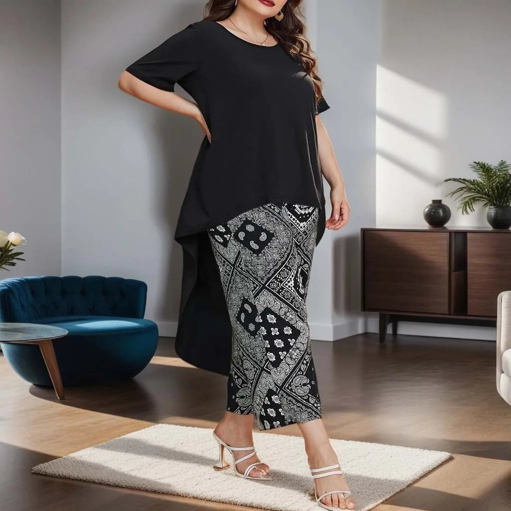 Plus Size Women's Suit Shirt and Printed Loose Cropped Pants Casual Fashion