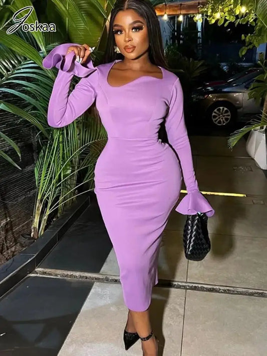 Joskaa Elegant Solid Irregular Collar Flare Sleeve Back Split Bodycon Midi Dress for Women 2024 Spring Birthday Party Clubwear