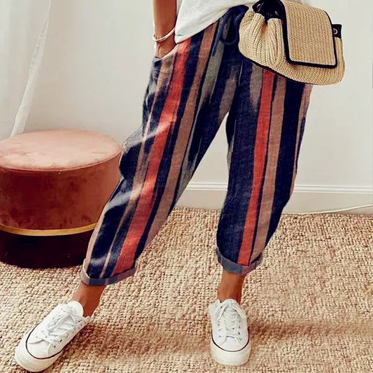 Ladies Summer Spring Cotton Linen Vintage Casual Fashion Loose Stripe Pocket Pant. Sz S-5XL