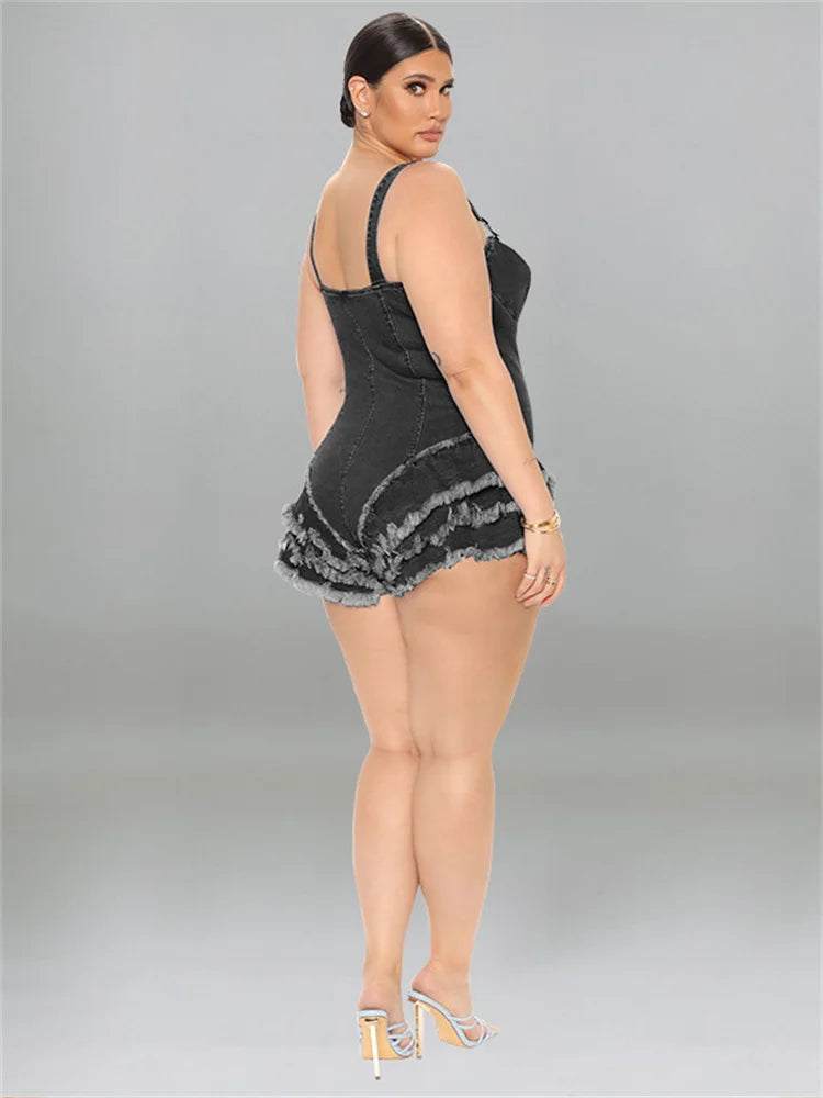 Plus Size Denim Jumpsuit Summer Sexy Slip Zipper Up Fit Romper