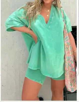 Women's Fashion Loose Solid Colour Casual V-neck Two piece Set.  S-3X