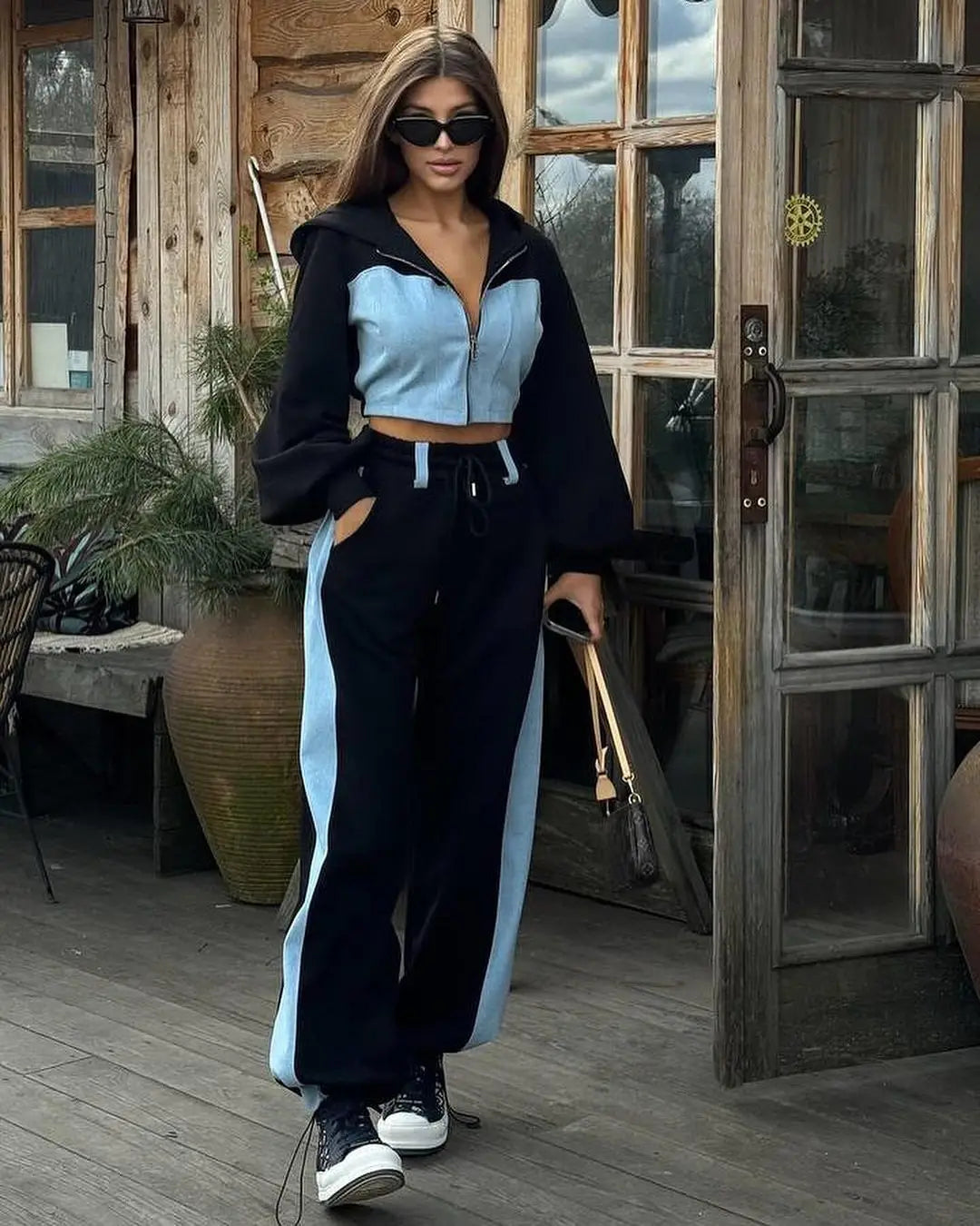 Denim Patchwork Top+pant 2 Piece Set Fashion Zipper Hoodie Wide Leg Casual suit.