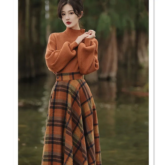 Women's Spring Autumn Vintage Plaid Two-Piece Set French Lady Knit Pullover High Waist Skirt .