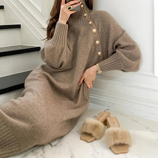 Women's Knitted Sweater Dress - Long Sleeve Warm Casual Loose Fit Dress S-2X