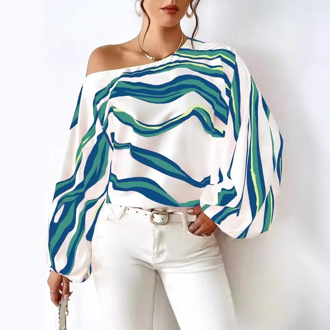 Pullover Women Blouse Slash Neck Lantern Sleeve Print Shirt Loose Casual Blouse Slight Stretch Elegant Blouse.  S-XL
