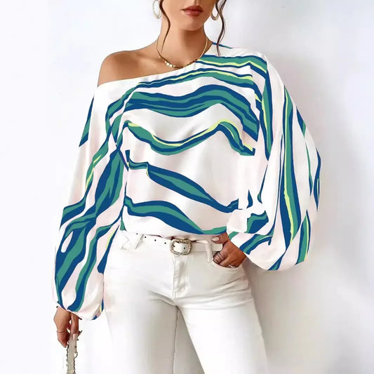 Pullover Women Blouse Slash Neck Lantern Sleeve Print Shirt Loose Casual Blouse Slight Stretch Elegant Blouse.  S-XL