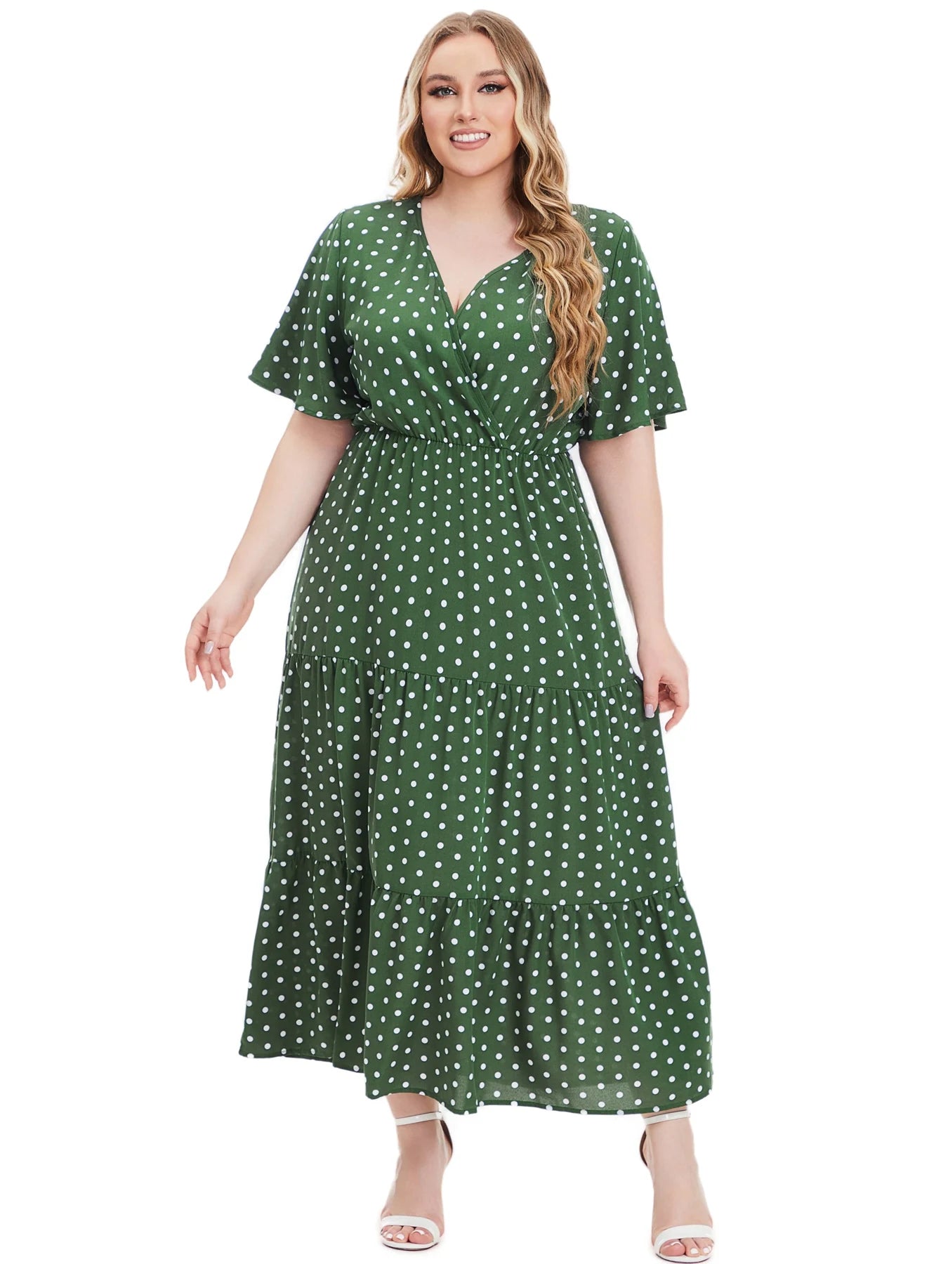 Plus Size New Arrival Fashional Polka Dot Print V Neck Short Sleeve Bohemian Casual Dress