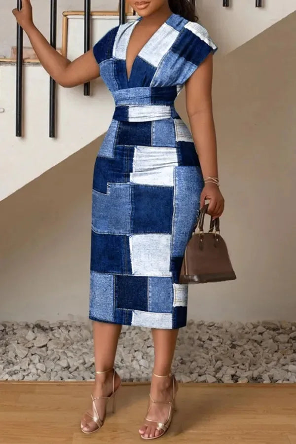 Sexy V Neck Spring Summer Fashion Elegant Print Dresses For Women.  S-2X