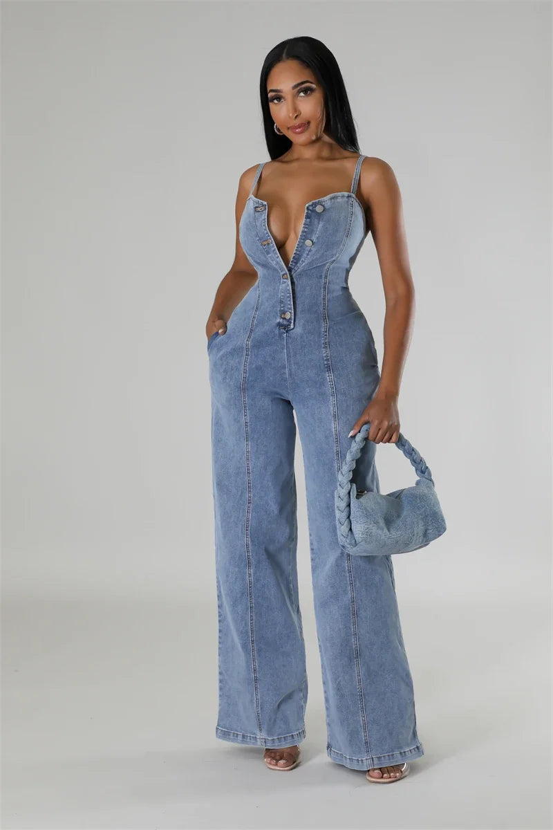 Wide Leg Sleeveless Denim Romper Overalls Outfit.  S-2X