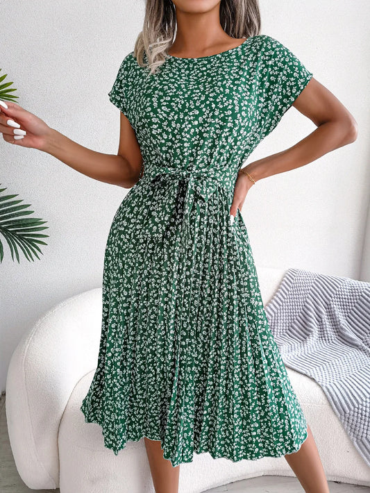 Women Spring Summer Short Sleeve High Waist Fashion Floral Pleated A Line Long Dress.  S-6X