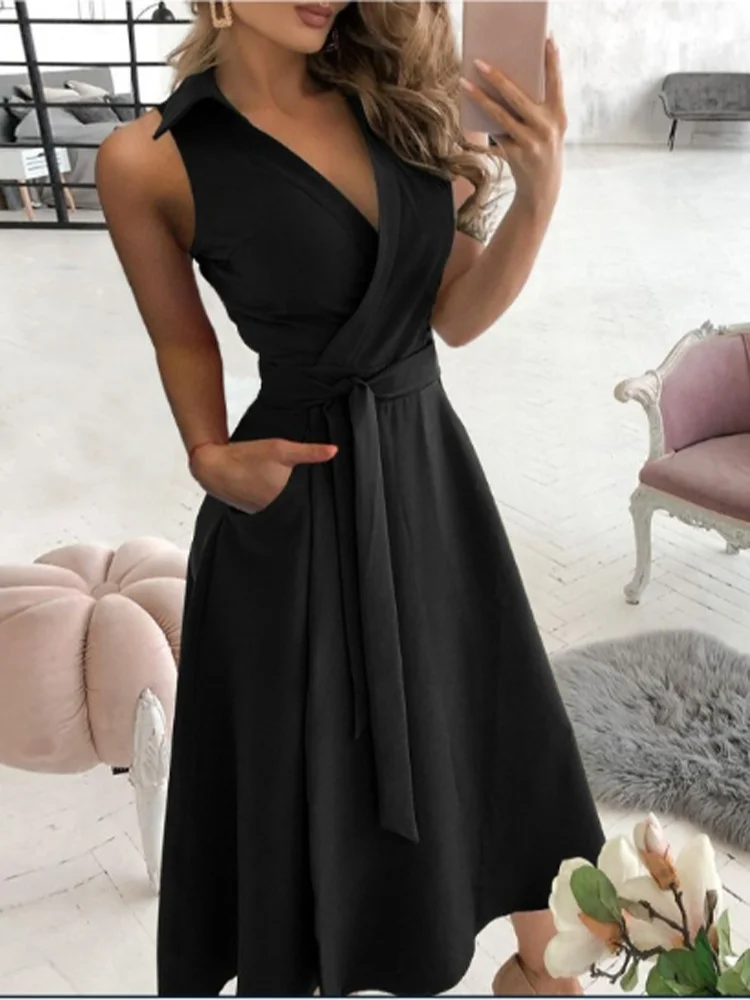 V-neck Short Solid Colour Pocket Women's Dress Elegant Fashion Style Summer Dress.  S-2X