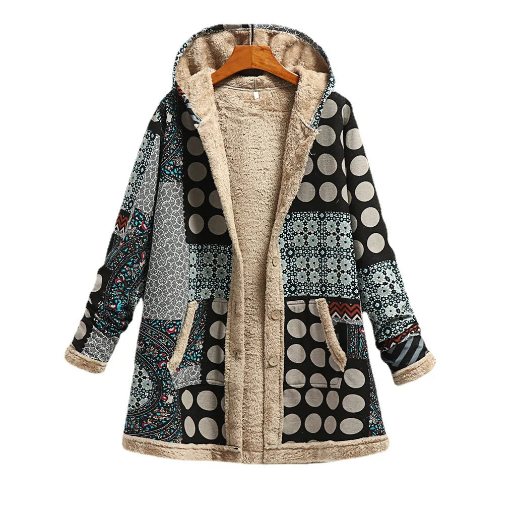 Women's Long Plush Jacket with Cotton and Linen Print Hooded for Warmth, Winter New Style.   S-3X