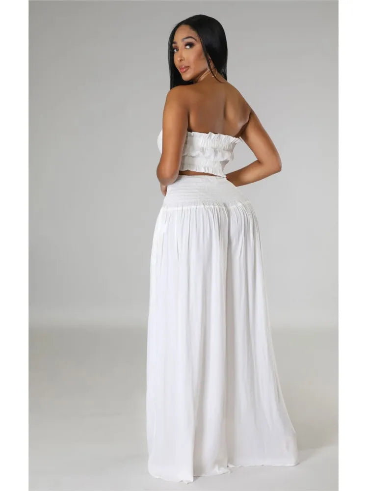 Sexy Ultra Short Breast Wrap And Pants Stylish Ladies 2 Piece Strapless Top + Loose Wide Leg Pant Suit.  S-xxL