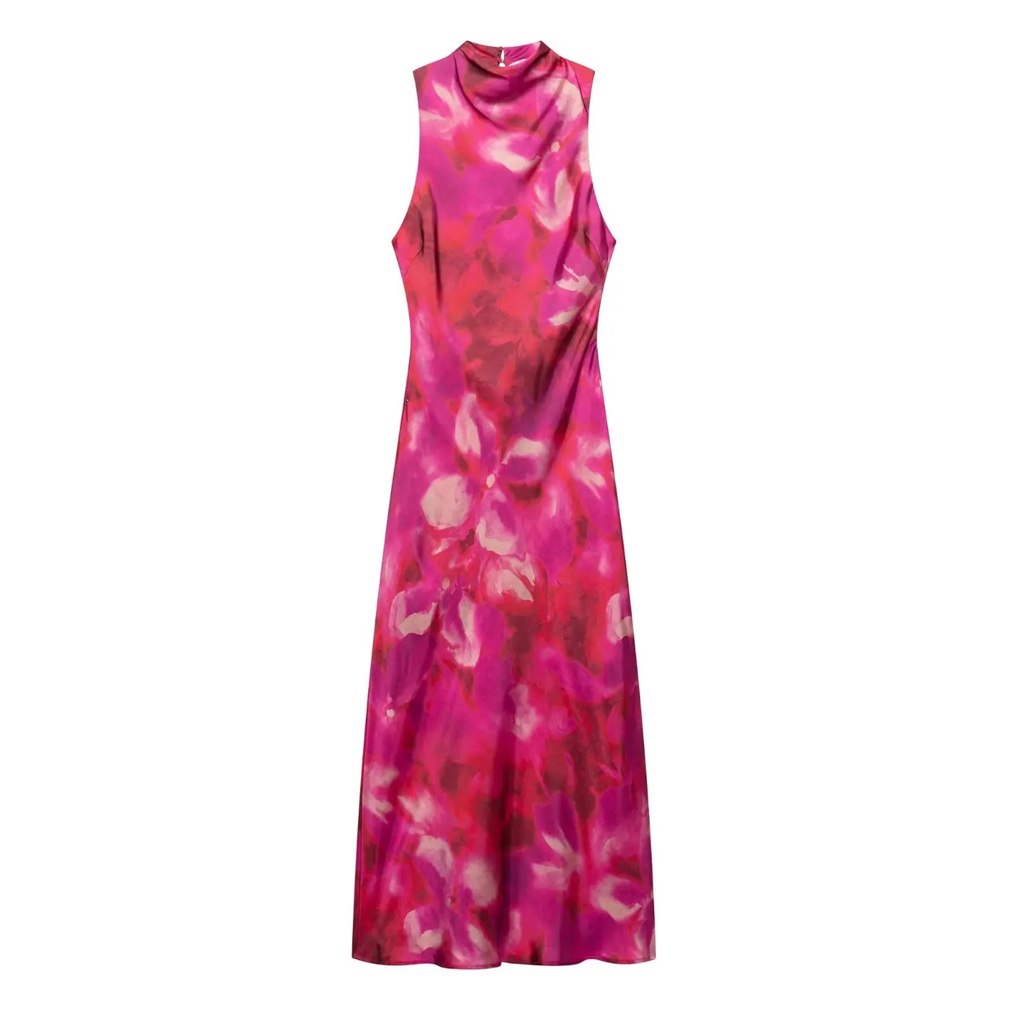 TRAFZA Women 2025 Spring New Silk Satin Texture Print Sleeveless Midi Dress Female Light Luxury Elegant Slim Long Dress Mujer