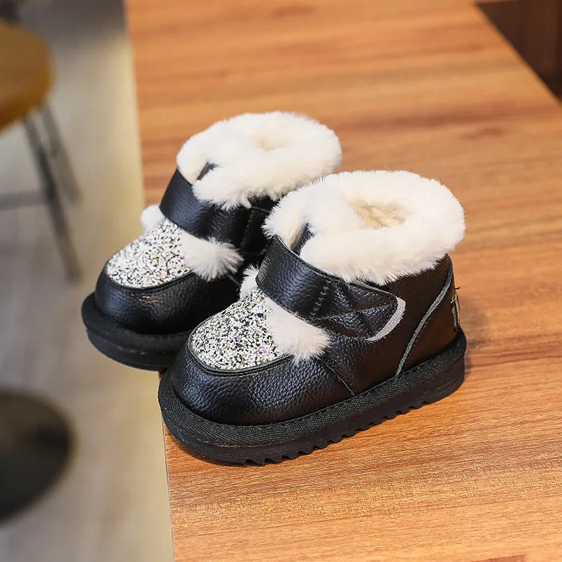 High Quality Leather Winter Toddler Unisex  First Step Boots Plush Warm First Walkers Infant Kids Soft Bottom Girls And Boys Shoes Non-slip.
