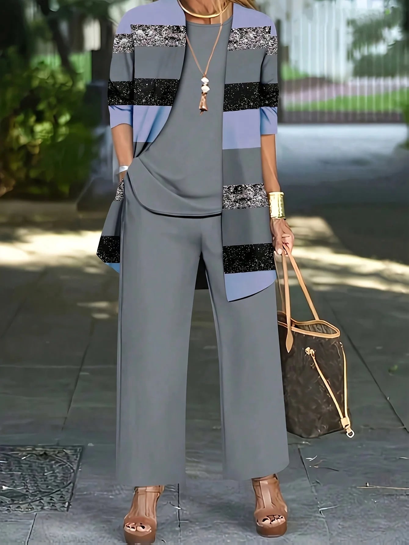 Plus Size 1XL-5XL Women's Fashion Three-Piece Outfit Set Ladies Casual Long Sleeve Cardigan Tank Top and Long Pants Outfit.
