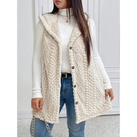Plus Size 1XL-5XL Women's Textured Hooded Vest Sleeveless Hoodie Coat Button Down Faux Fur Coat.   1X-5X