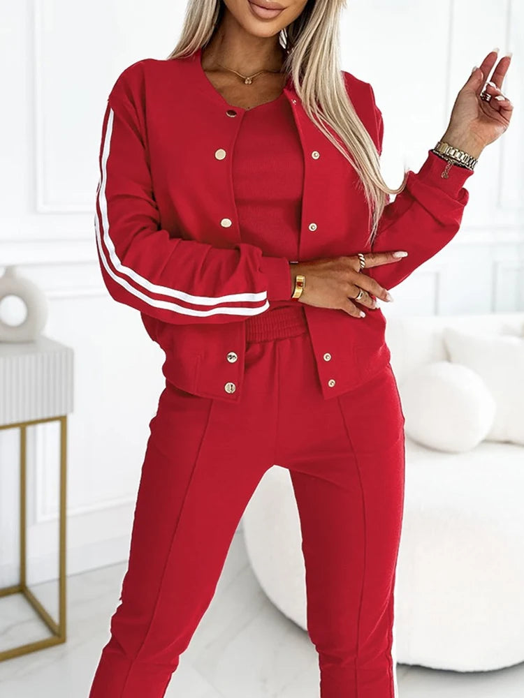 3 Piece Tracksuit Outfit Set Striped Cuffed Pants Tank Top with Pockets for Casual Wear.