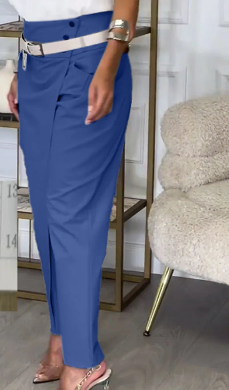 New Asymmetric High Waist Pants For Women Fashion Chic Belt Straight Pants Casual Solid Colour Bottoms.  S-3x
