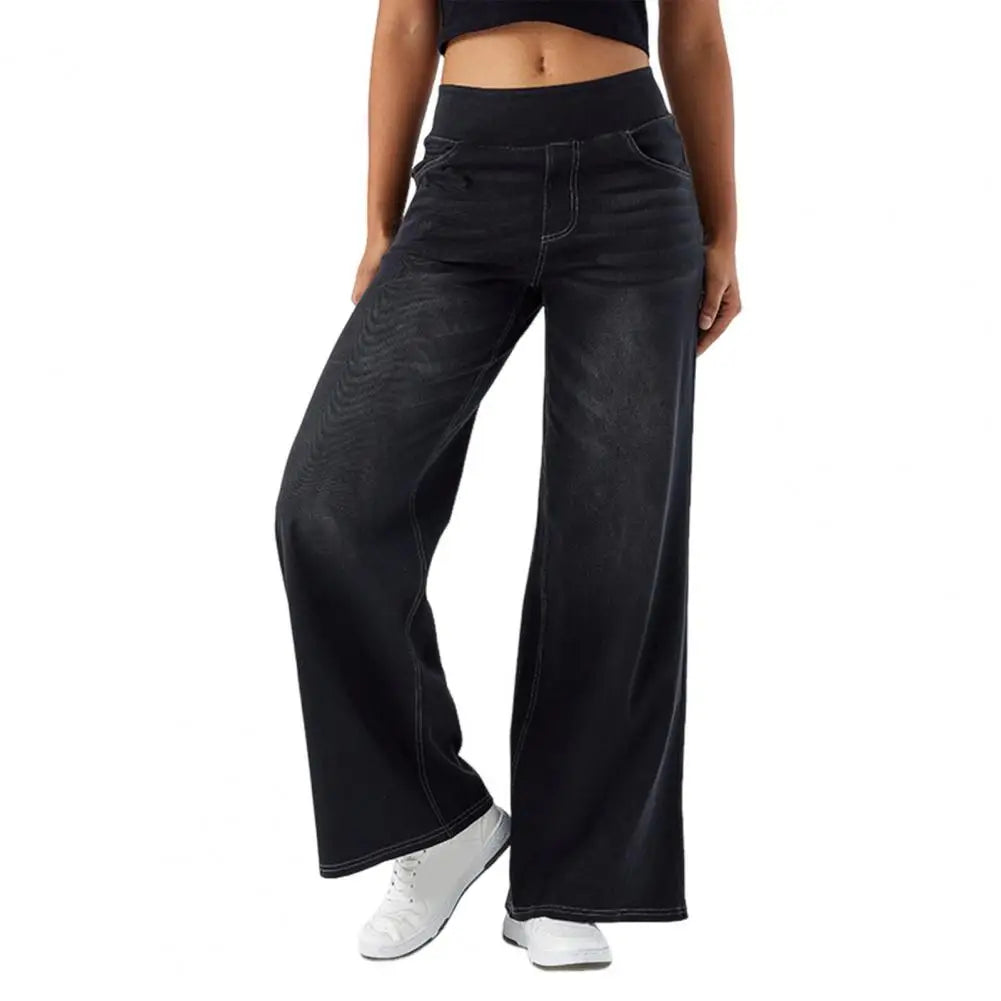 Women's High Waist Wide Leg Jeans - Elastic Waist Denim Pants with Pockets.  XS-XL