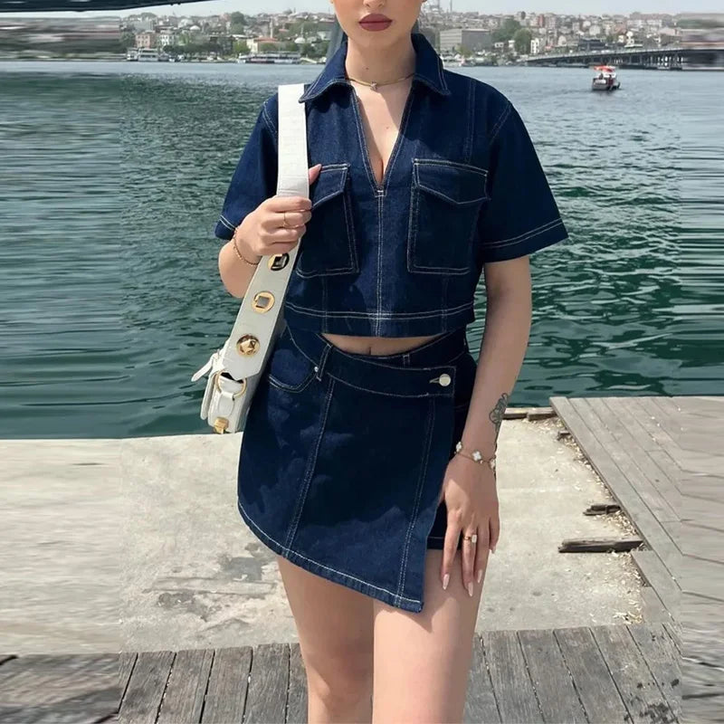 2025 Casual Solid Pocket Outfit Summer V Neck Top with Shorts Two Piece High Waist Denim Suit