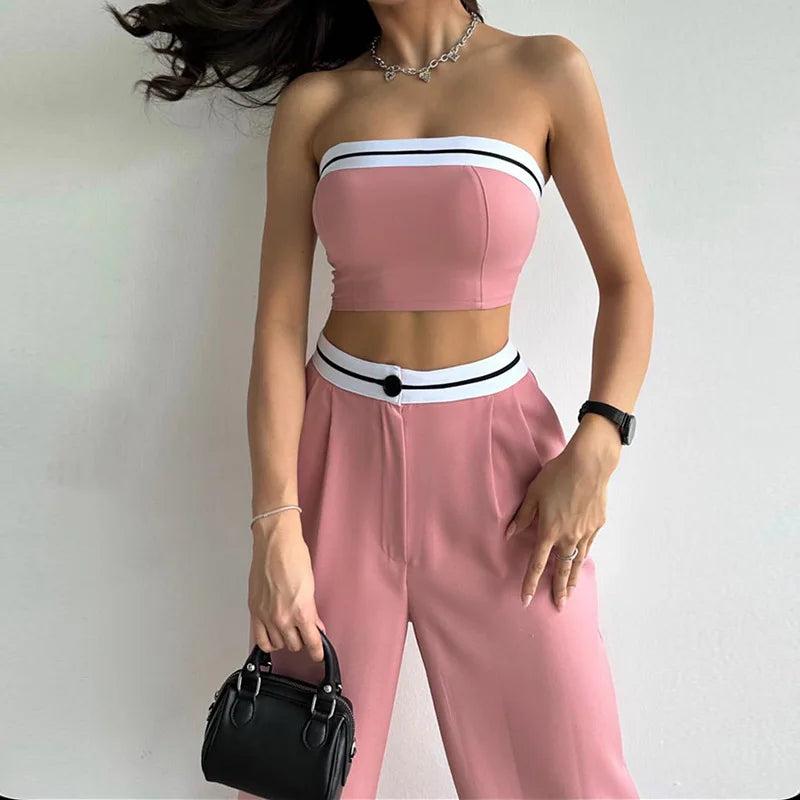 Women's Two-Piece Solid Color Sleeveless Vest Bra & buttoned Pants Summer Sexy Set