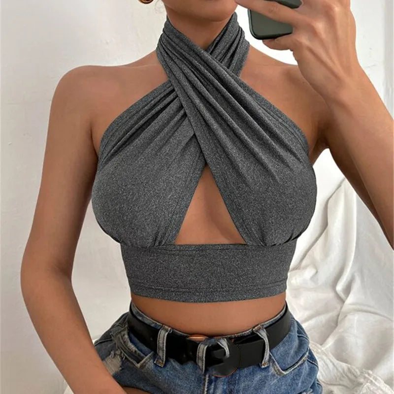 Women Cross Halter Neck Crop Top Sleeveless Backless Sexy Hollow Out Tank.