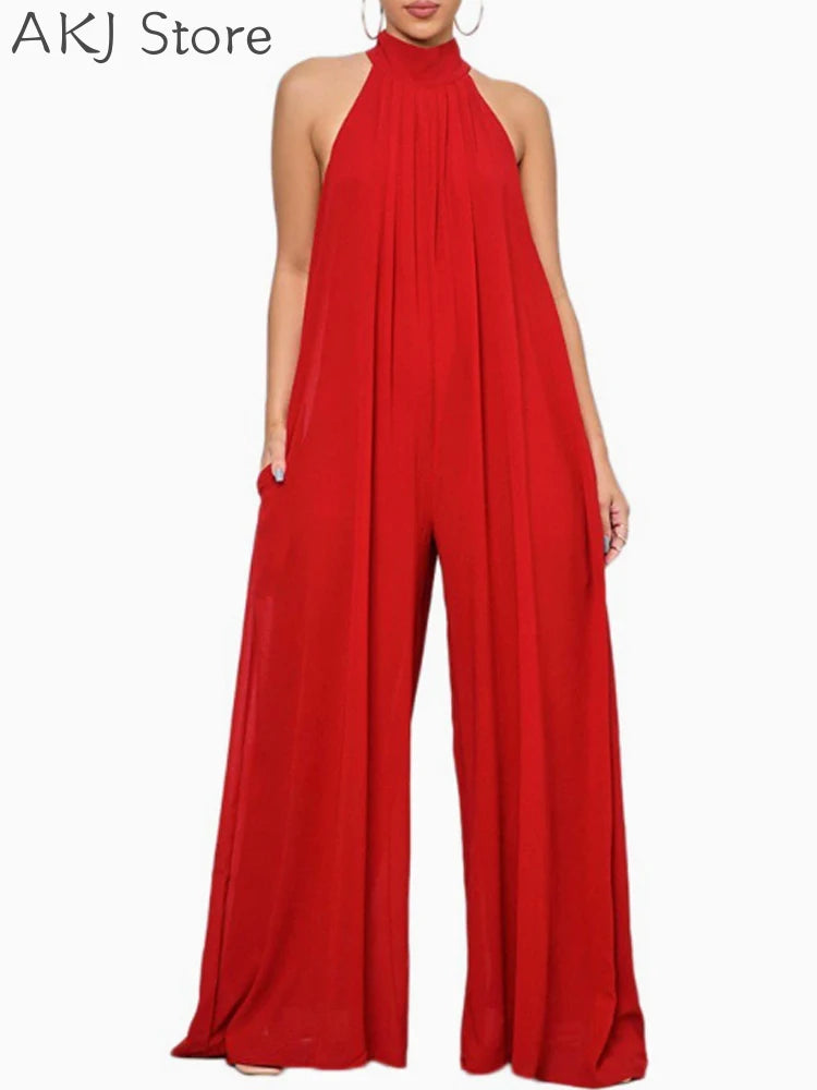 Women High Neck Sleeveless Wide Leg Jumpsuit