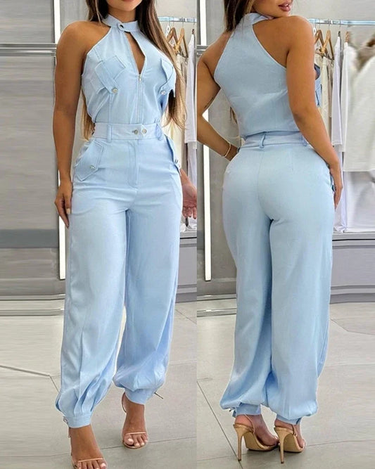 2025 Sexy Elegant 2 Pieces Sets Women's Outfits Sleeveless High Neck Top With Pocket Design and Casual Cuffed Long Pants Set